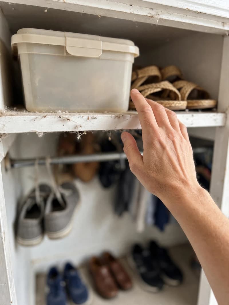 A lidded storage box and sandals on the top shelf of a small closet with a hand reaching up and everyday shoes below