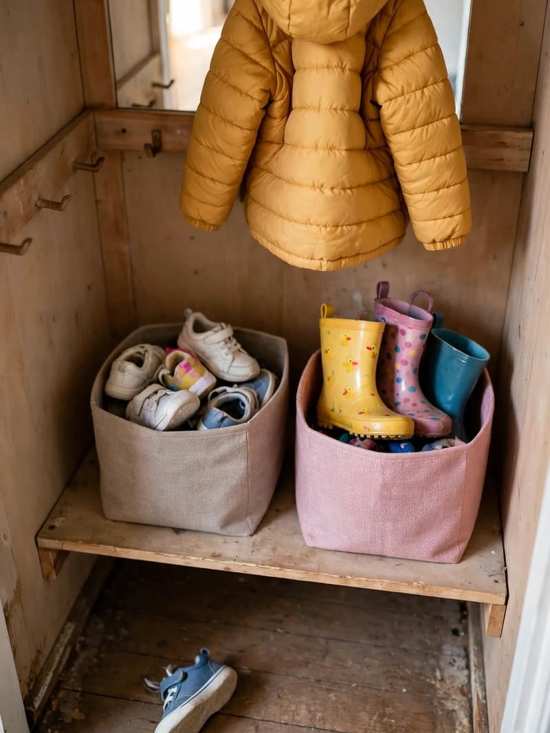 Two low fabric bins on a closet shelf holding children's sneakers and colourful rain boots under a yellow child's coat
