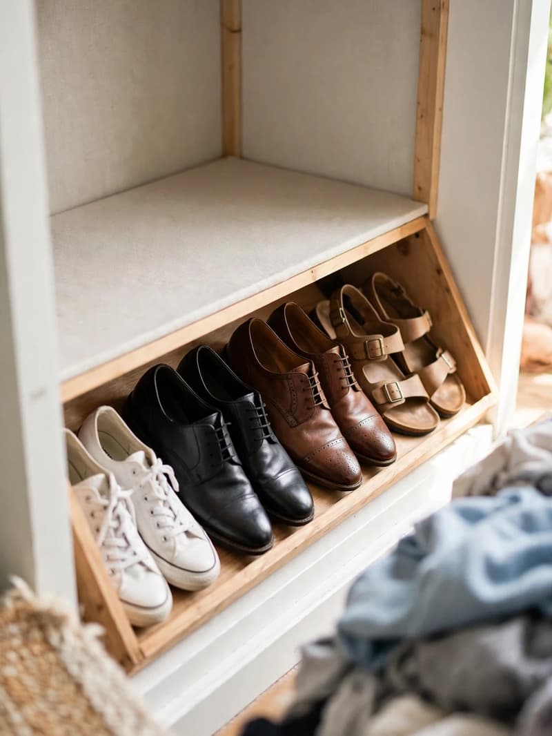 Dress shoes, loafers and sandals angled toe-down in a row on a slanted wooden shelf built into the bottom of a closet