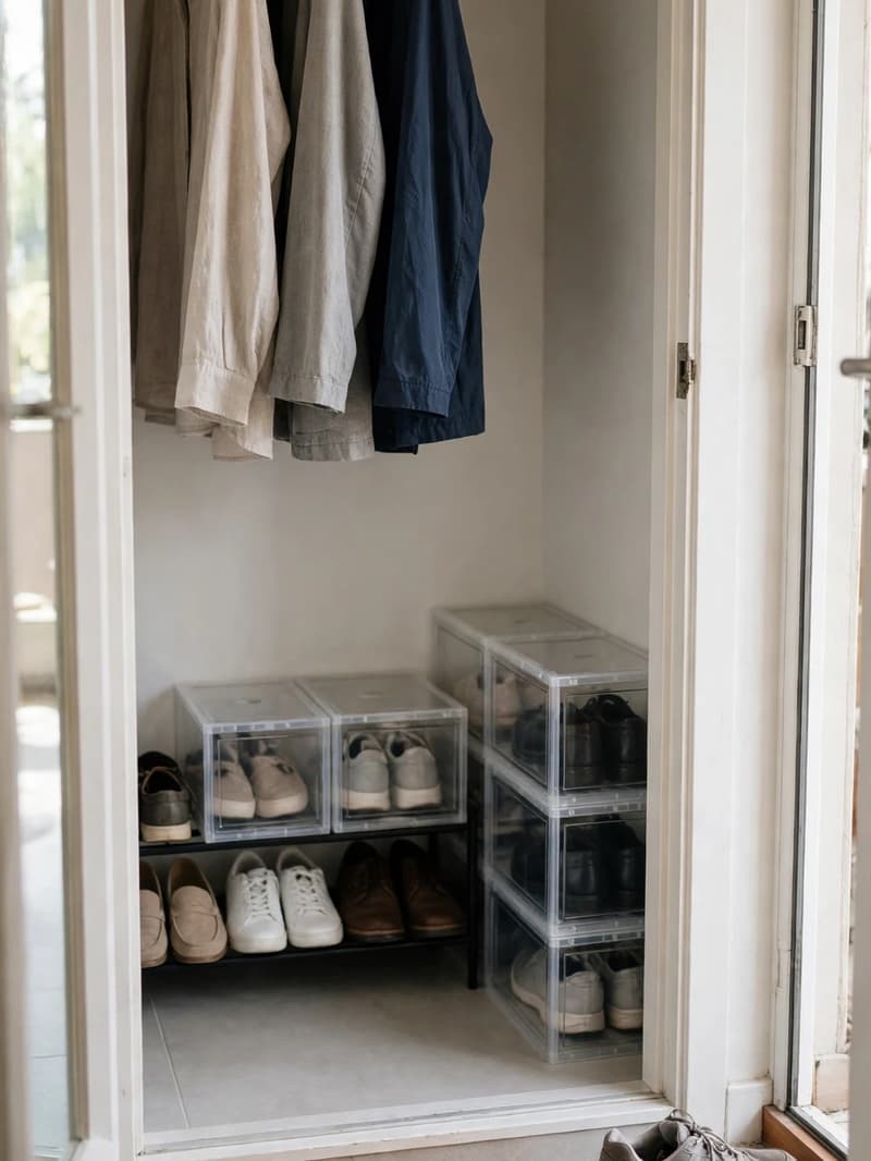 A freshly tidied small closet with shoes in clear boxes and on a low rack, a woven mat and trainers by the door