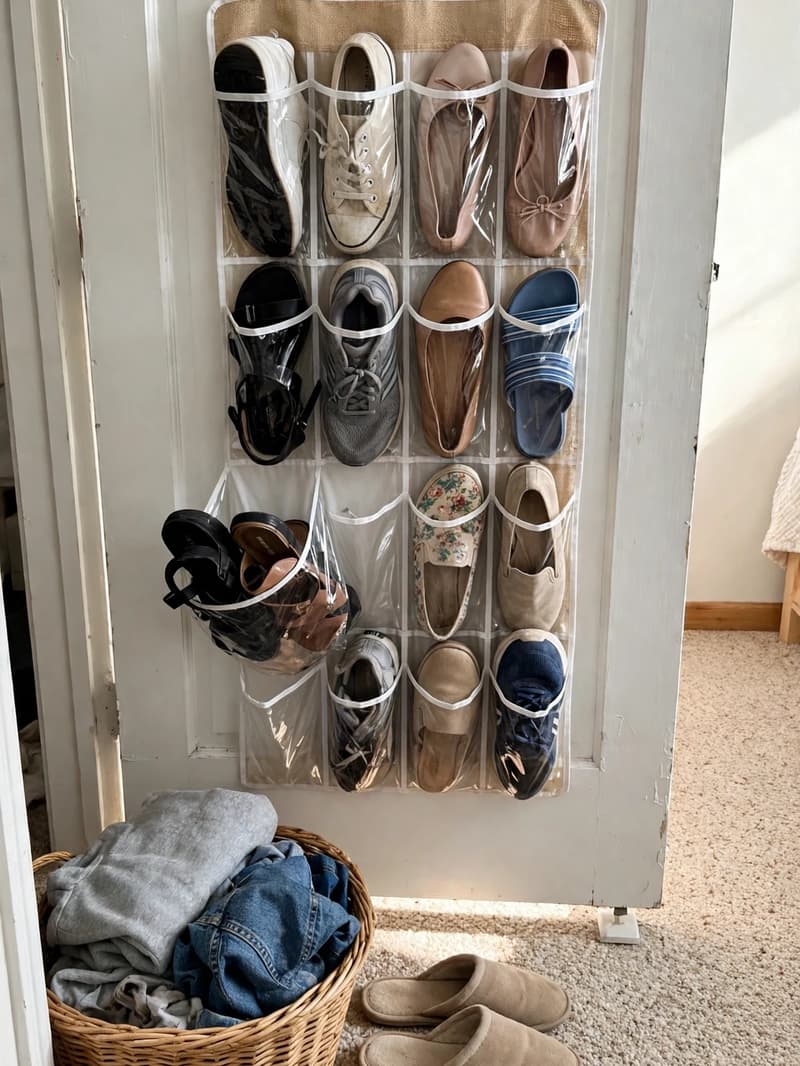A clear-pocket over-the-door shoe organizer on a white bedroom door filled with sneakers, flats and sandals