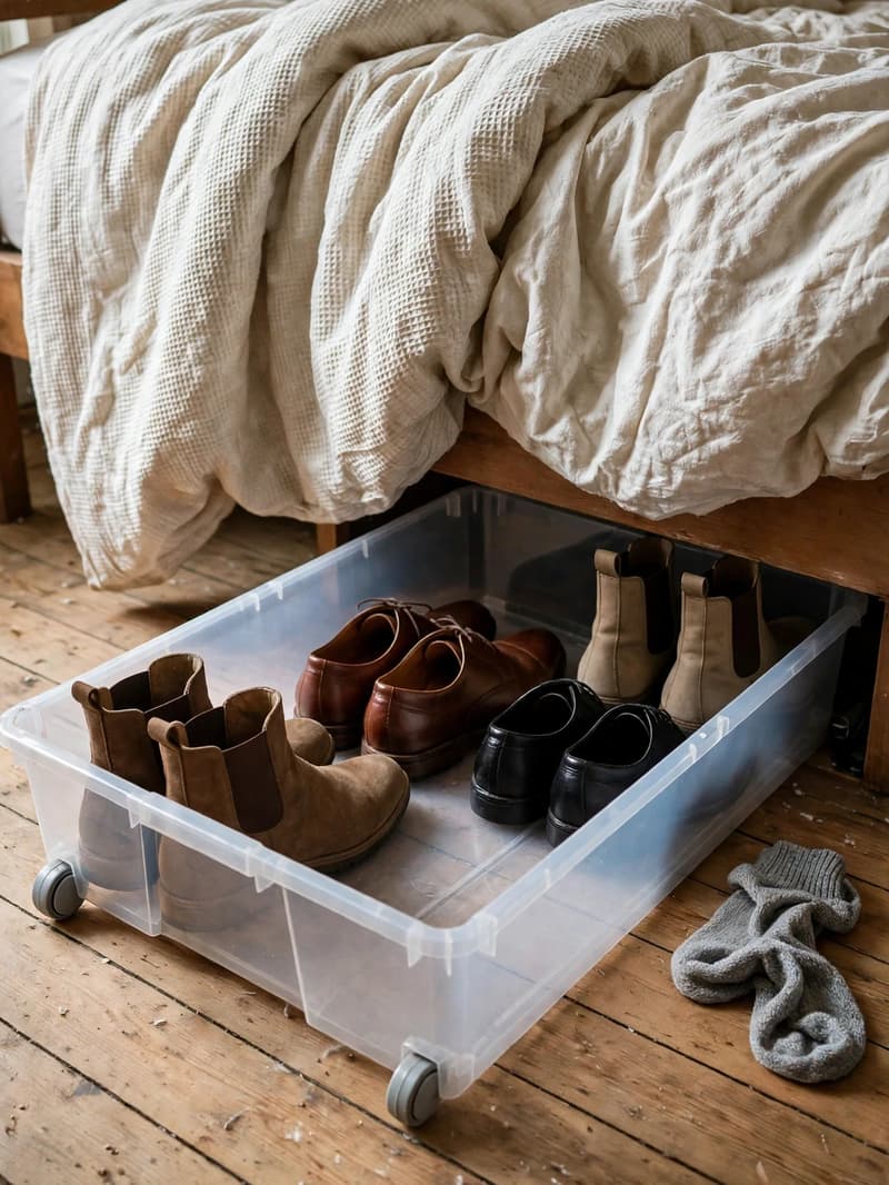 A low wheeled under-bed bin pulled halfway out holding off-season boots and dress shoes, a stray sock on the floor beside it