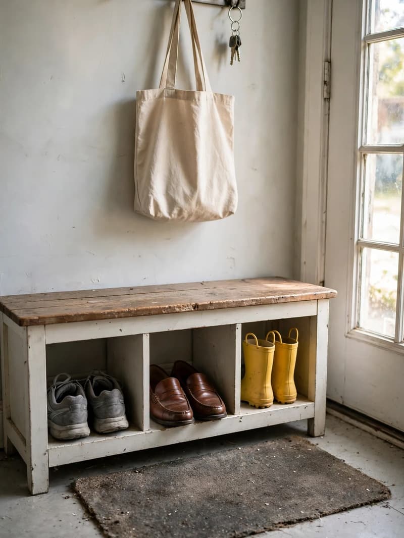 A small wooden entryway bench with open cubbies underneath holding sneakers, loafers and kids rain boots by a front door