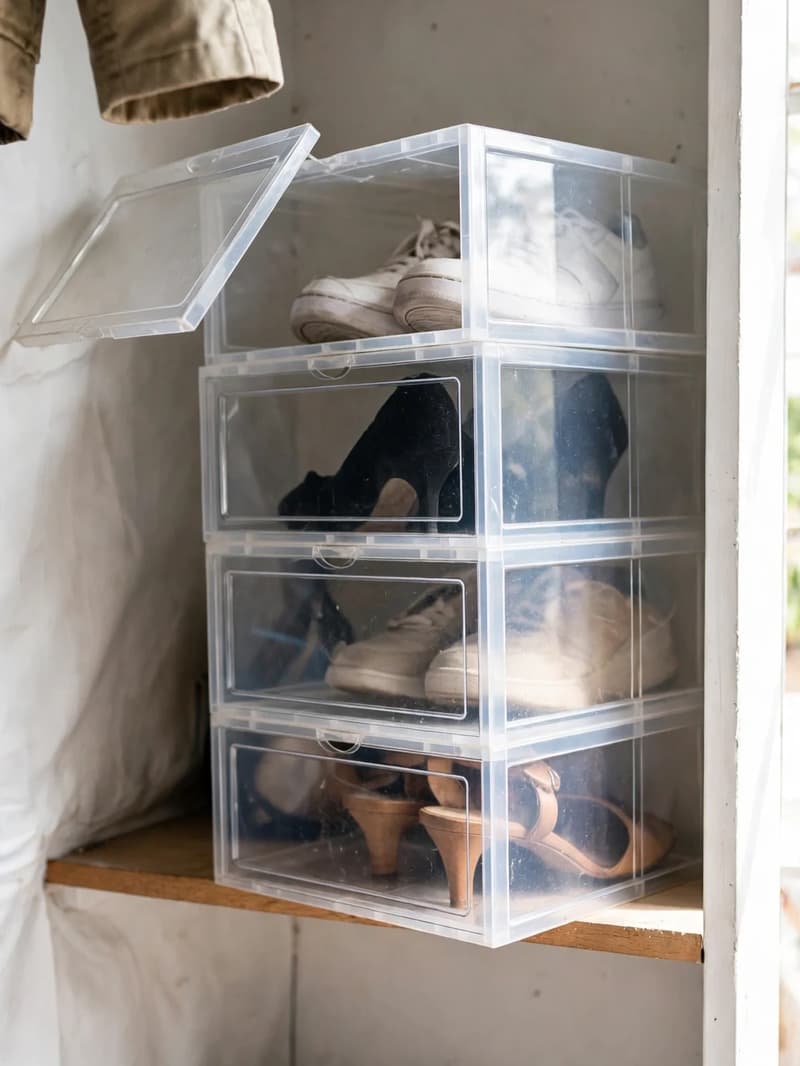 A stack of clear shoe boxes on a small closet shelf with sneakers and heels visible through the boxes