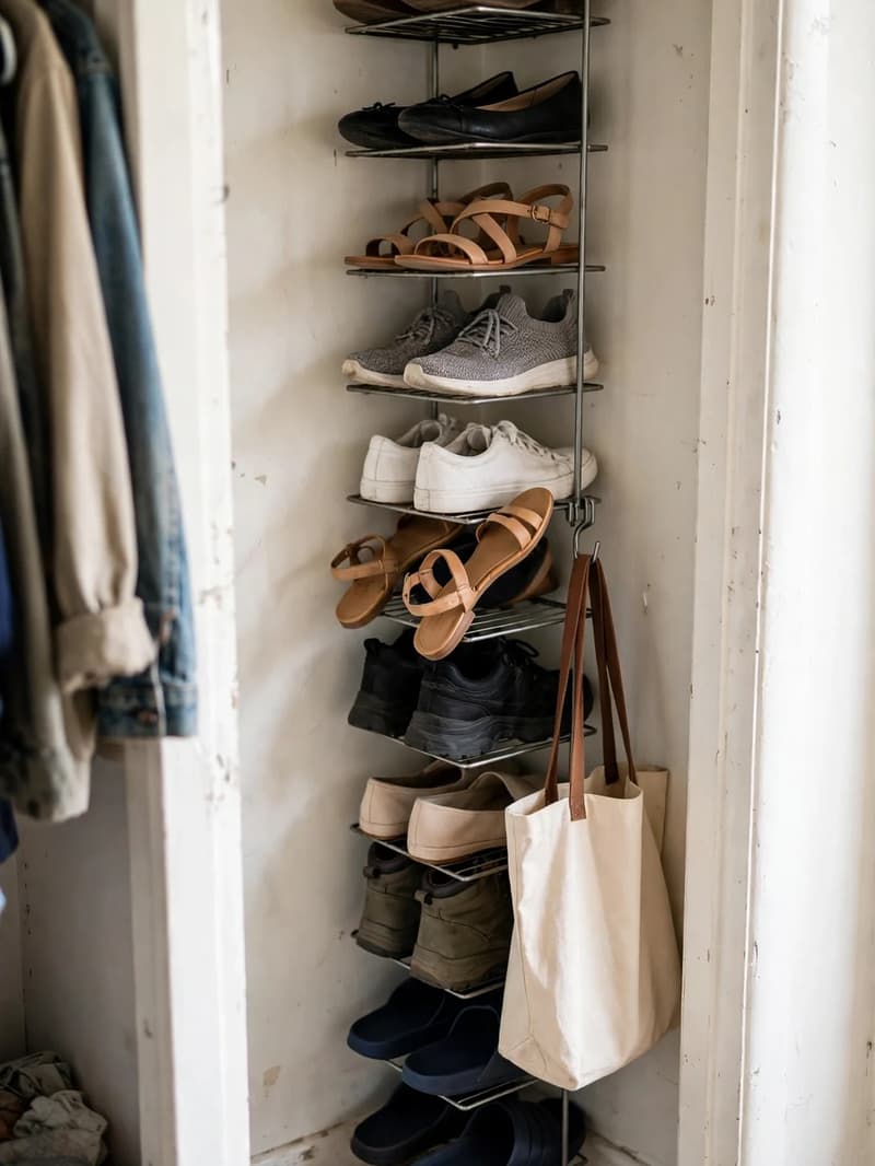 A tall narrow multi-tier shoe rack squeezed into a small closet corner holding sneakers, sandals, boots and flats