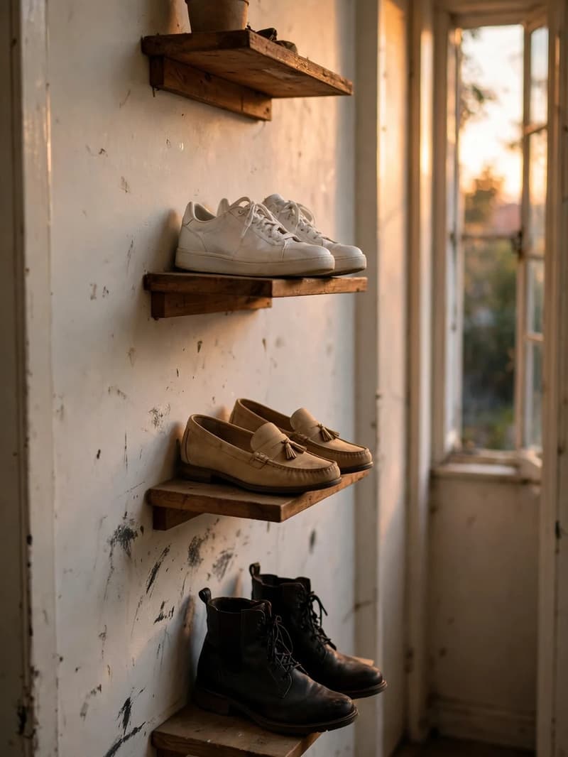 Three short wooden wall shelves in a narrow hallway displaying sneakers, loafers and ankle boots with a small plant on top