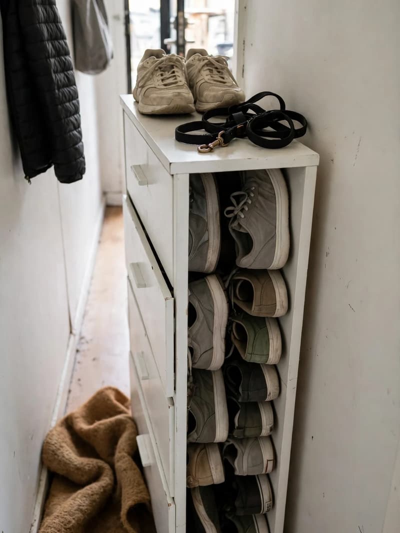 A slim white tilt-out shoe cabinet in a tiny hallway with one drawer open showing shoes stored upright in rows