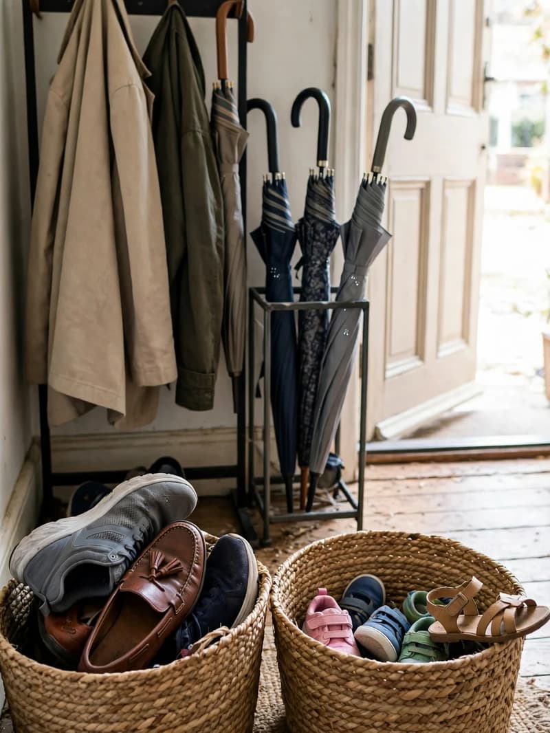 Two woven baskets by a front door, one holding adult sneakers and loafers, the other holding small kids shoes