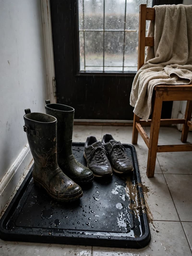 A black rubber boot tray on a tiled entryway floor holding muddy rain boots and wet sneakers with a folded towel nearby