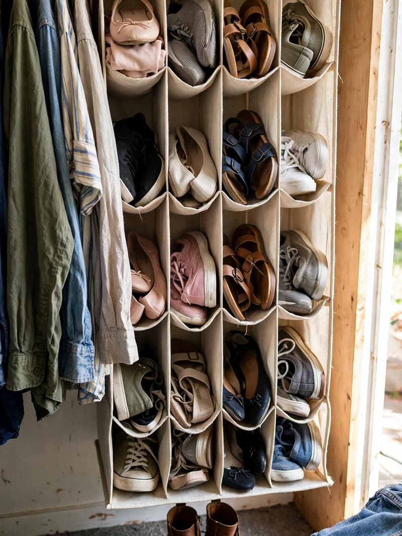 A fabric hanging shoe organizer suspended from a closet rod with cubbies filled with flats, sneakers and sandals