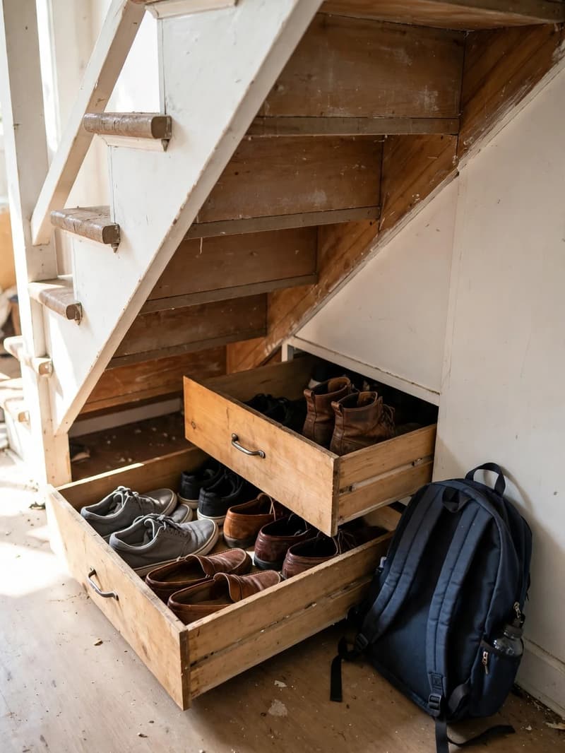 Pull-out drawers built under a staircase, one open showing shoes stored heel to toe, a kids backpack leaning nearby