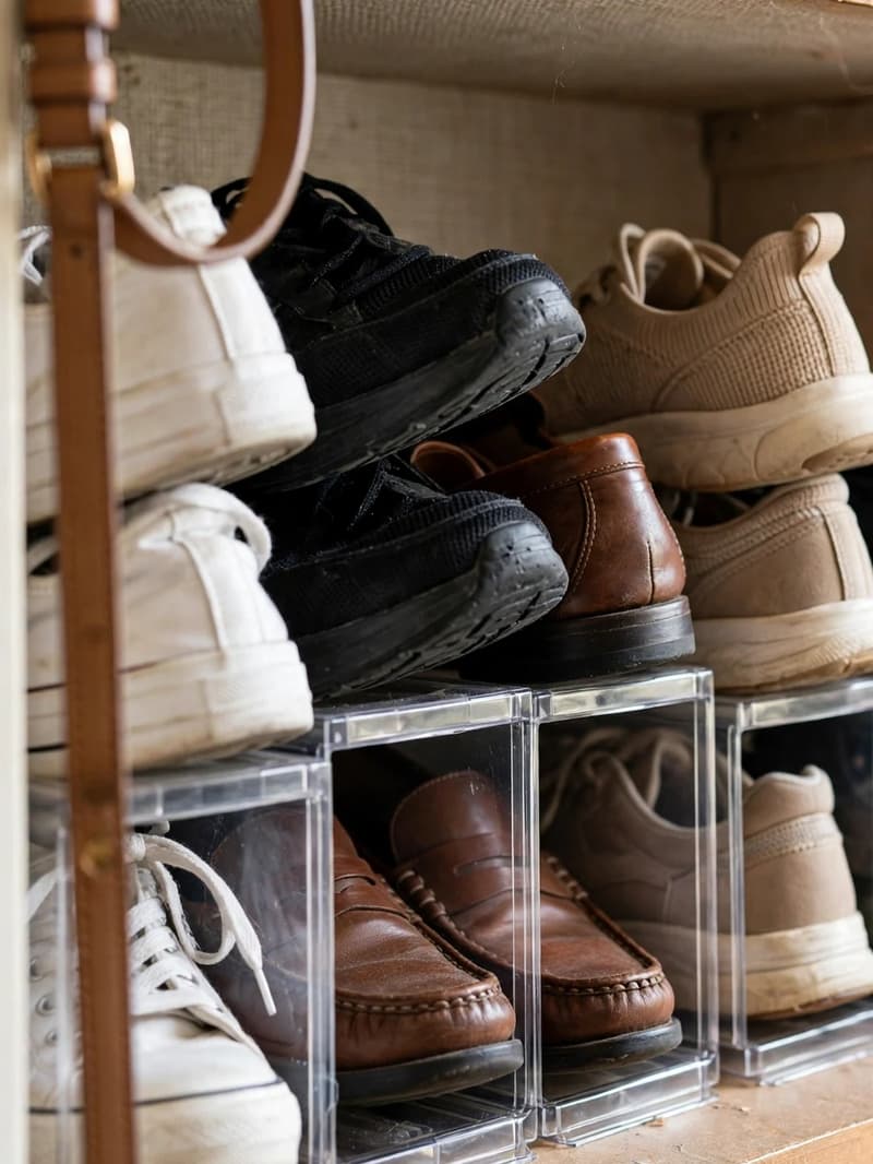 A closet shelf where shoes are doubled up on shoe stacker slots, one shoe stacked above its partner in a slightly uneven row