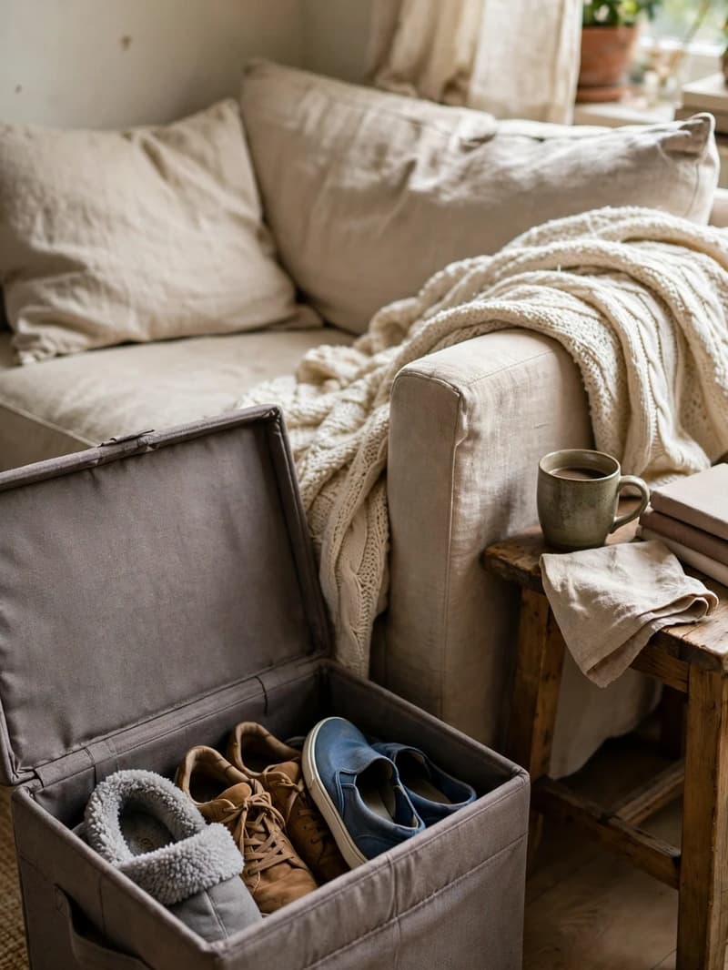 A fabric storage ottoman with its lid open beside a sofa revealing slippers and casual shoes tucked inside