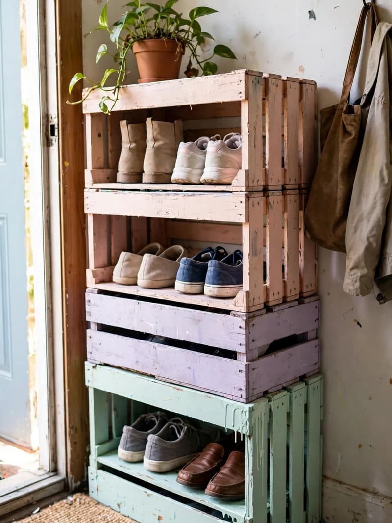 A homemade shoe shelf of stacked wooden crates in mismatched pastel colours in a small apartment entryway holding pairs of shoes