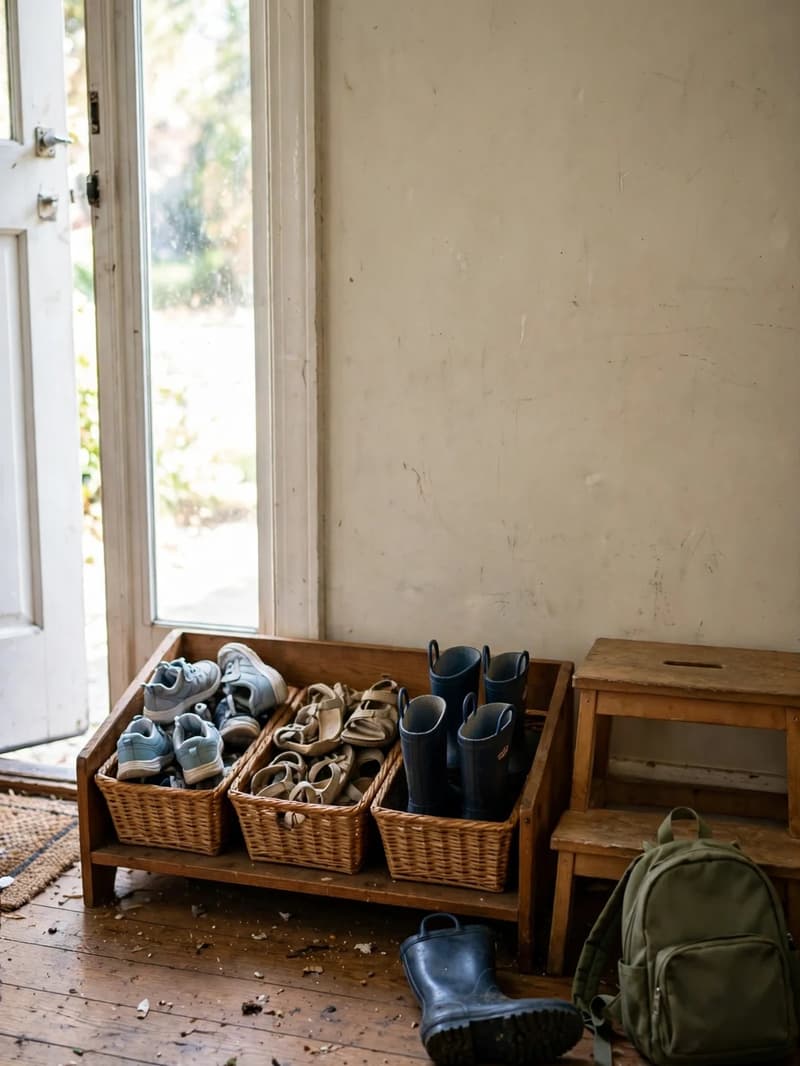 A low kids shoe station by a front door with small open bins at child height holding tiny sneakers, sandals and rain boots