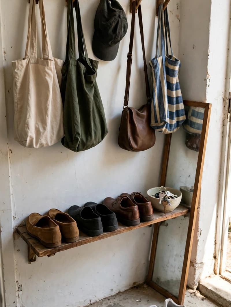A tiny entryway wall with wooden peg hooks holding bags, a narrow shelf below with shoes lined up, and a mirror leaning nearby