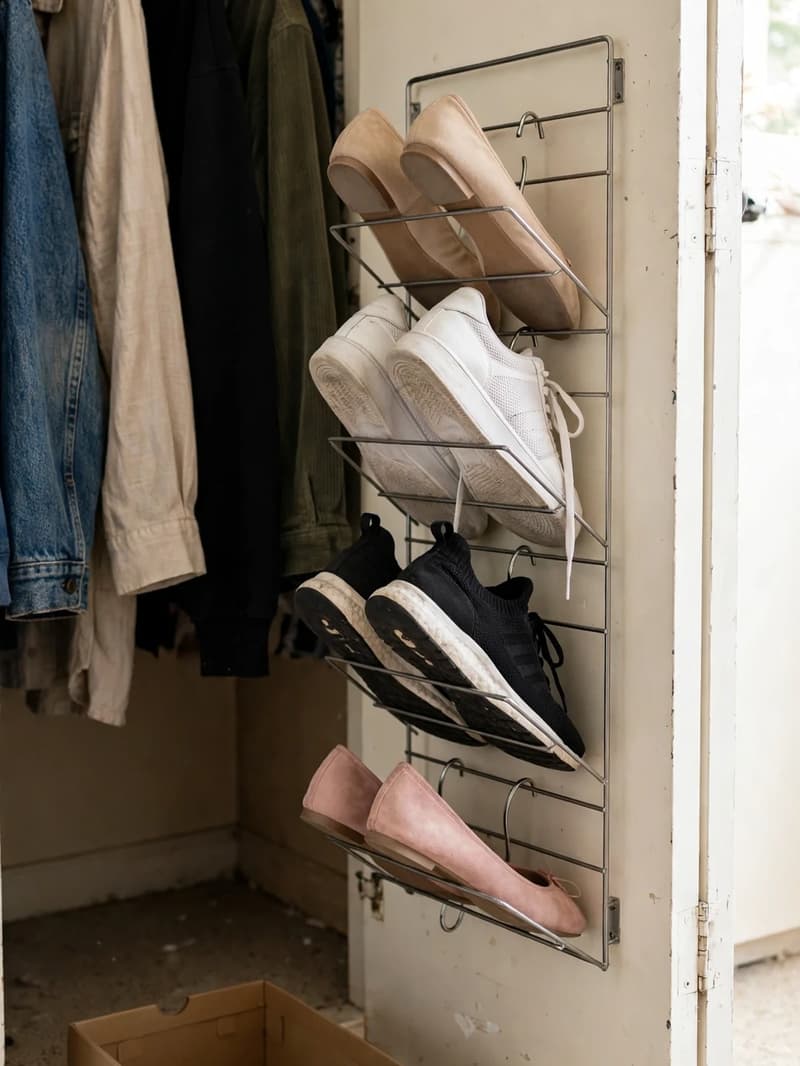 The inside of an open closet door fitted with a slim wire shoe rack holding flats and sneakers, hanging clothes behind it