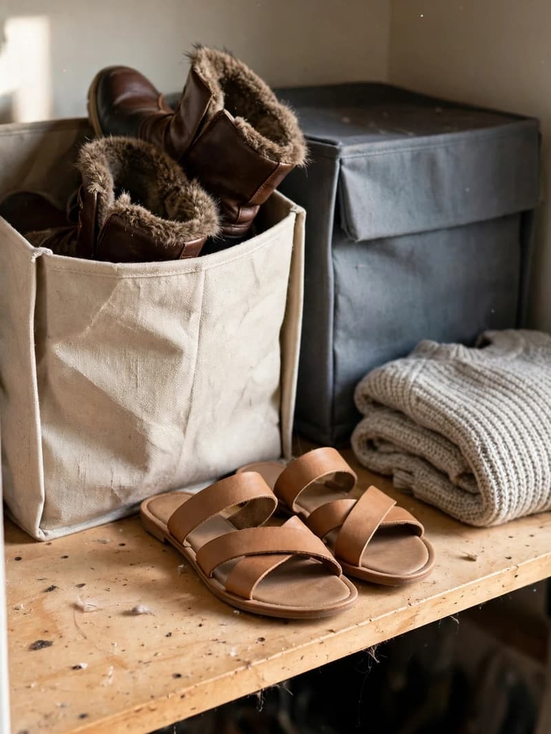 A closet top shelf with fabric storage bins, one pulled forward showing winter boots, summer sandals sitting in front ready to swap in
