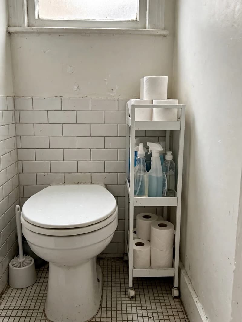 A narrow white rolling cart tucked in the gap between a toilet and the wall, stocked with toilet paper rolls and spray bottles