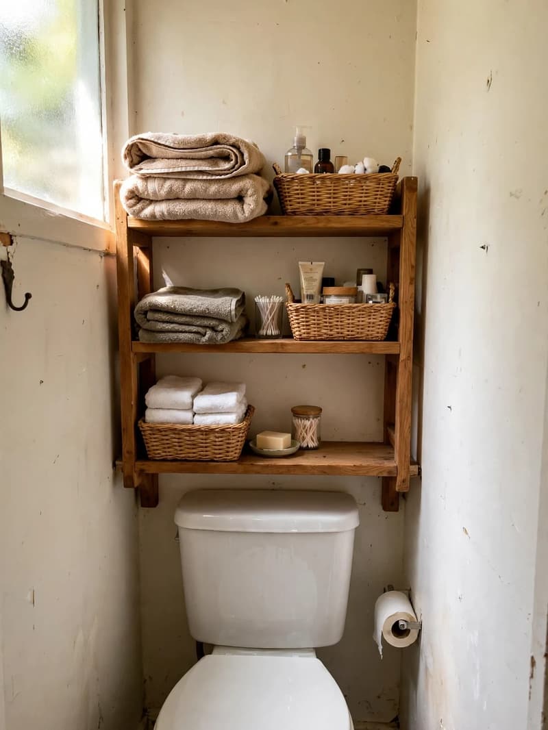 A wooden over-the-toilet shelf unit above a toilet, holding folded towels and woven baskets of toiletries