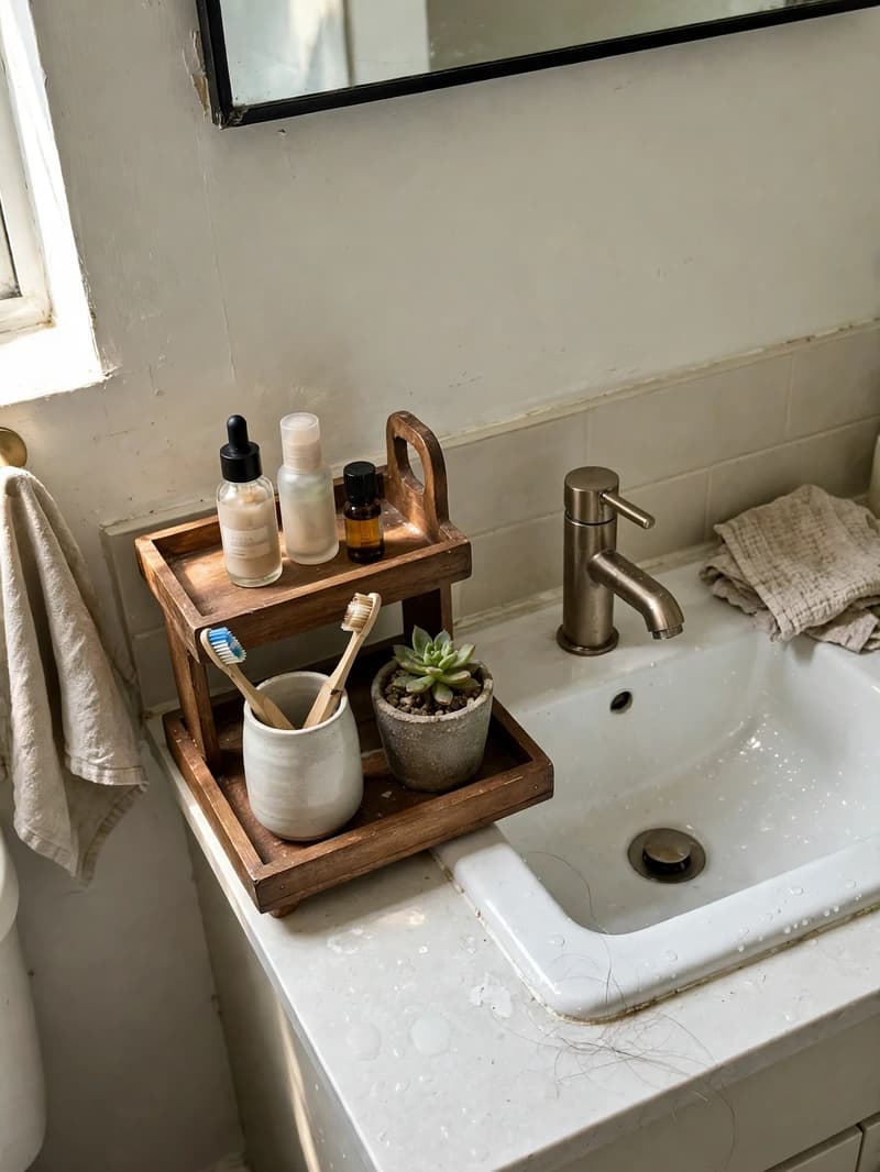 A two-tier wooden tray beside a small bathroom sink, holding skincare bottles and a toothbrush holder