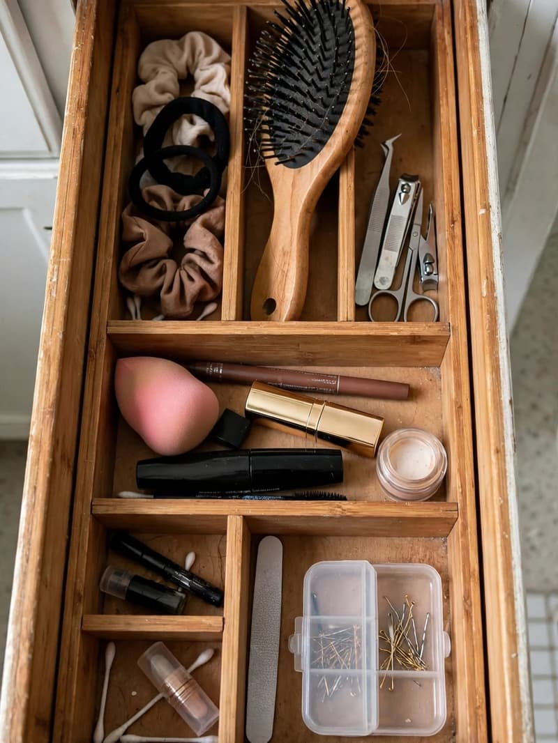 An open vanity drawer with bamboo dividers sorting makeup, hair ties and a hairbrush into neat compartments
