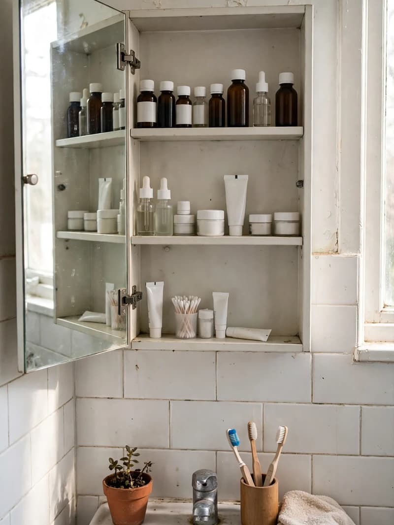 An open mirrored medicine cabinet above a small sink, with neat rows of bottles and jars on its shelves