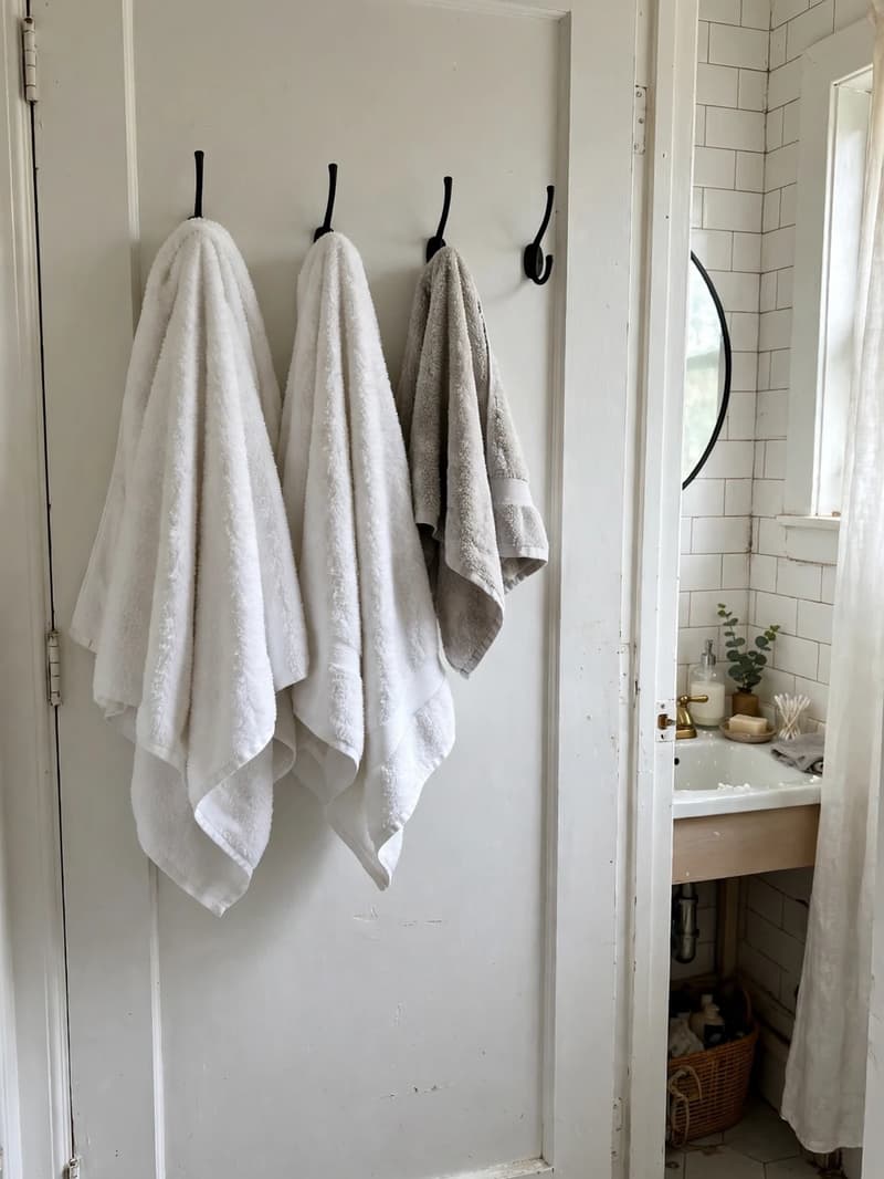The back of a bathroom door with black hooks holding white and grey bath towels