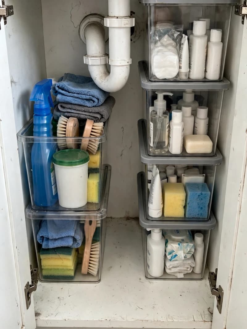 An under-sink bathroom cabinet with stackable clear bins fitted neatly around the white drain pipes