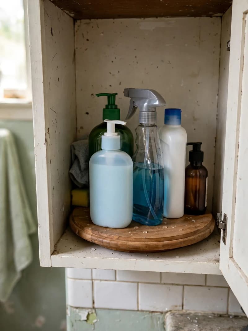 A wooden lazy susan turntable inside a bathroom cabinet, holding pump bottles and a spray bottle