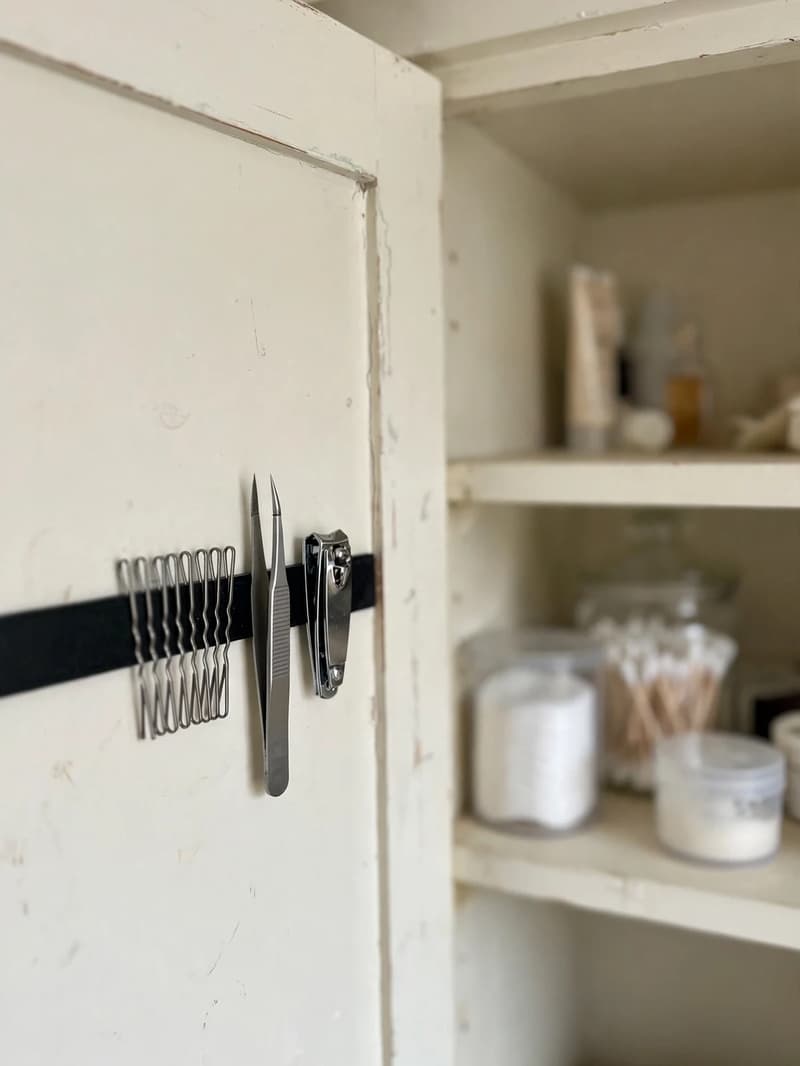 The inside of a bathroom cabinet door with a magnetic strip holding bobby pins, tweezers and nail clippers in a row