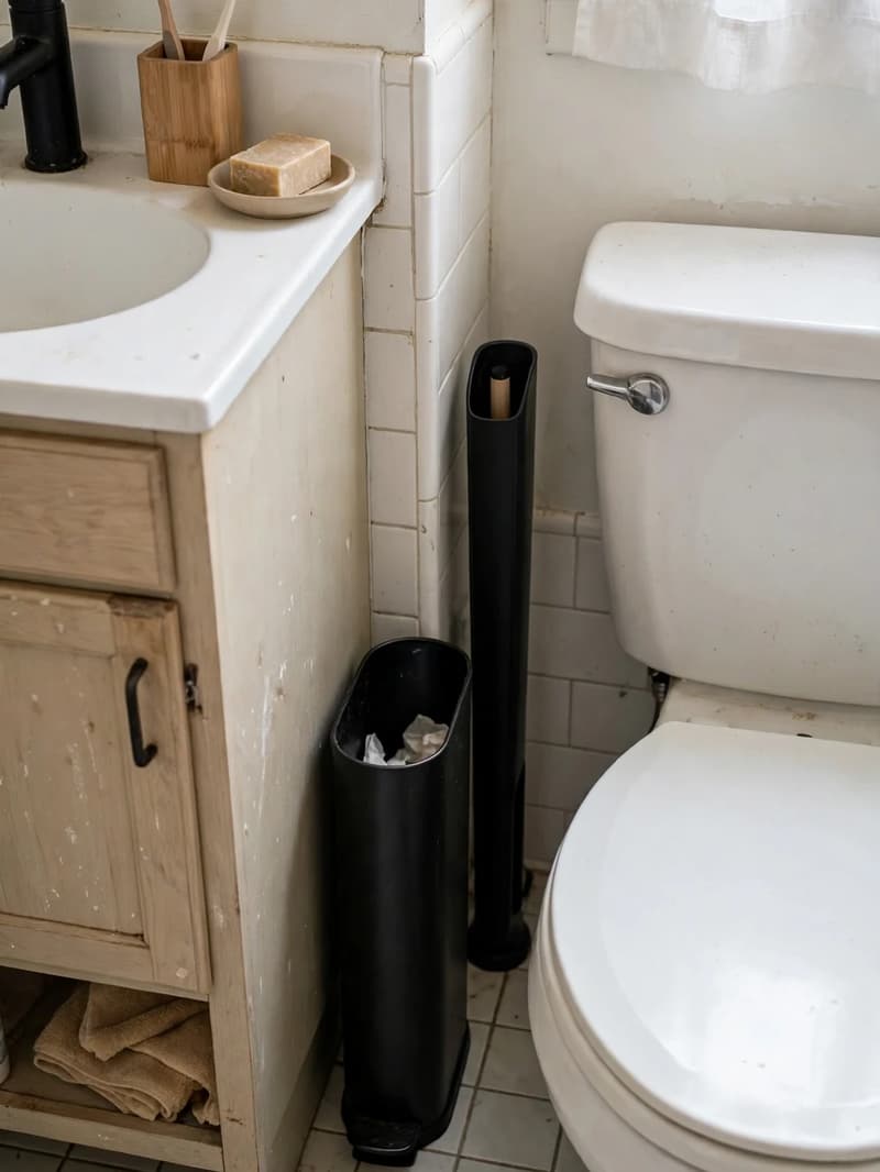 A slim black trash can and a tall concealed plunger holder fitted in the narrow gap between a vanity and a toilet