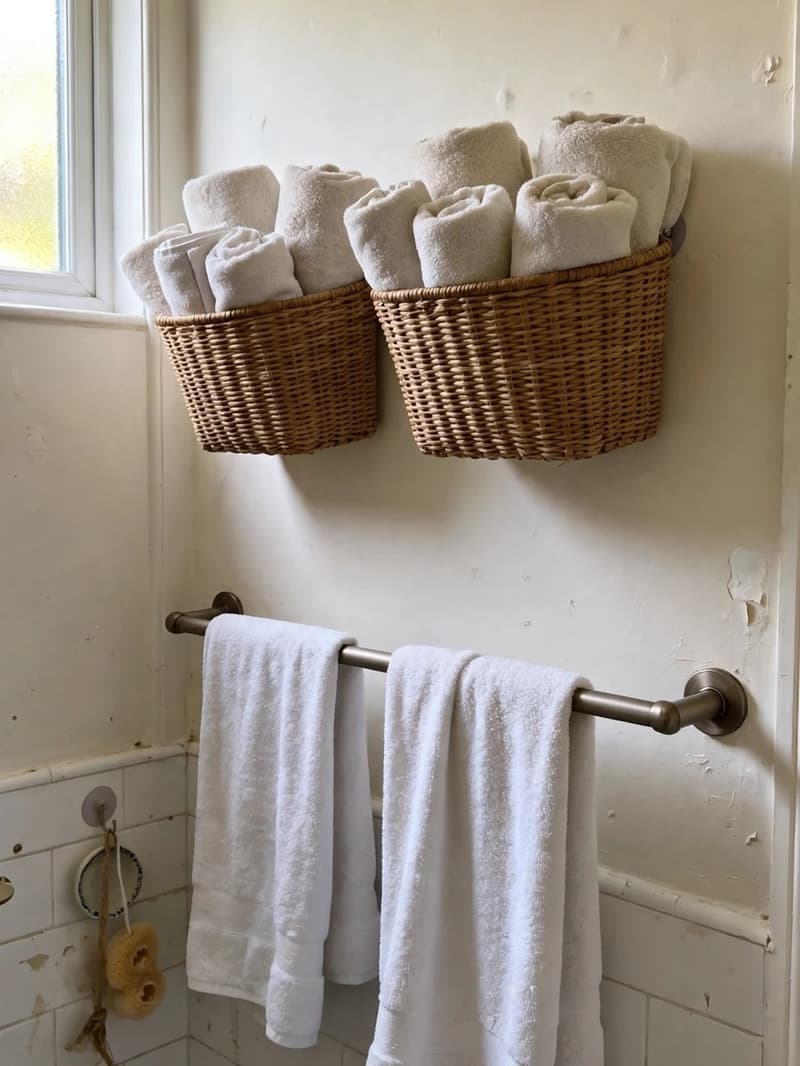 Two wall-mounted woven baskets high on a bathroom wall above a towel rail, full of rolled white towels
