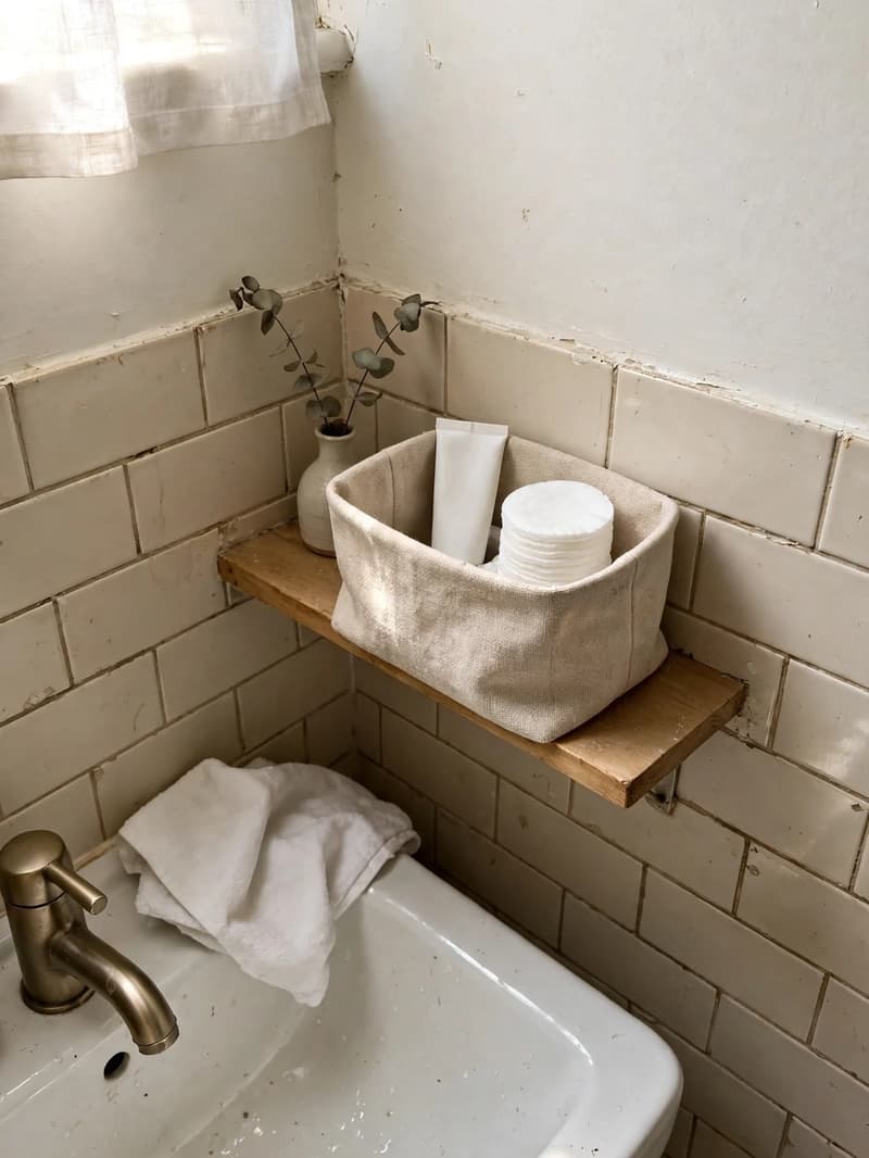 A single neat fabric bin on a bathroom shelf holding backup toiletries and a stack of cotton pads