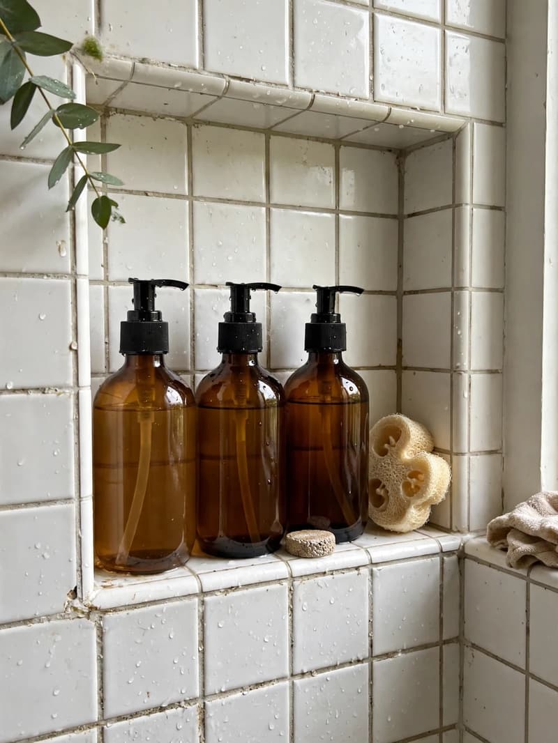 Three matching amber pump bottles lined up in a tiled shower niche beside a natural sponge