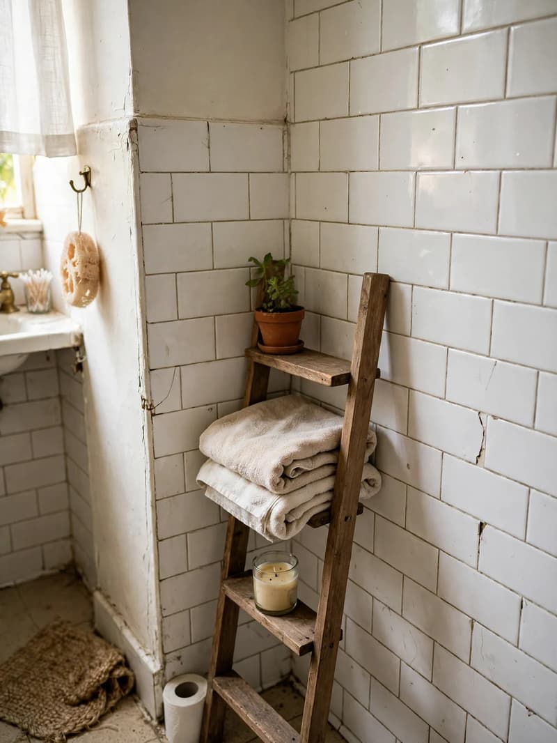 A small wooden ladder shelf in a tiled bathroom corner, holding a plant, folded towels and a candle