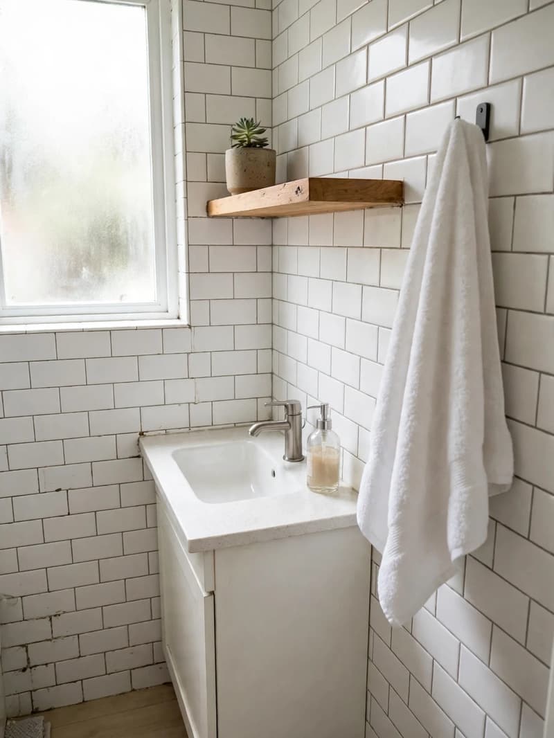 A tidy small bathroom with a clear counter, fresh white towel on a hook and a small plant on a wooden shelf