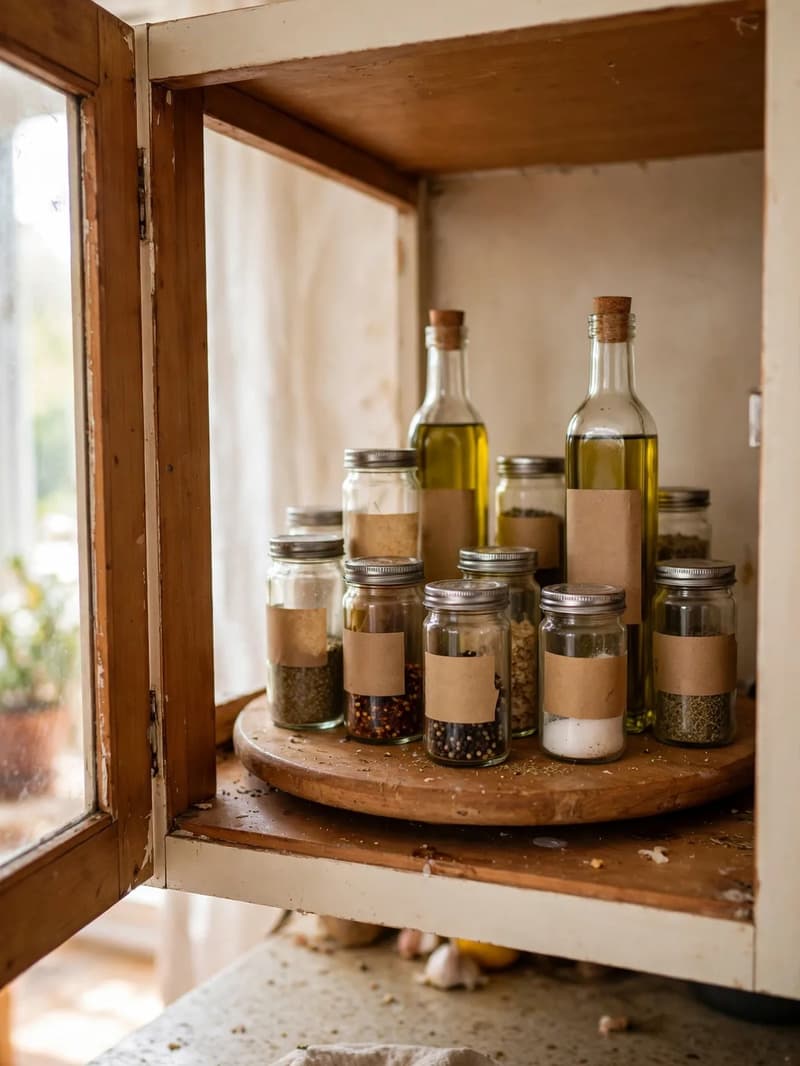 A wooden lazy susan turntable in a corner cabinet with glass spice jars and olive oil bottles with blank labels