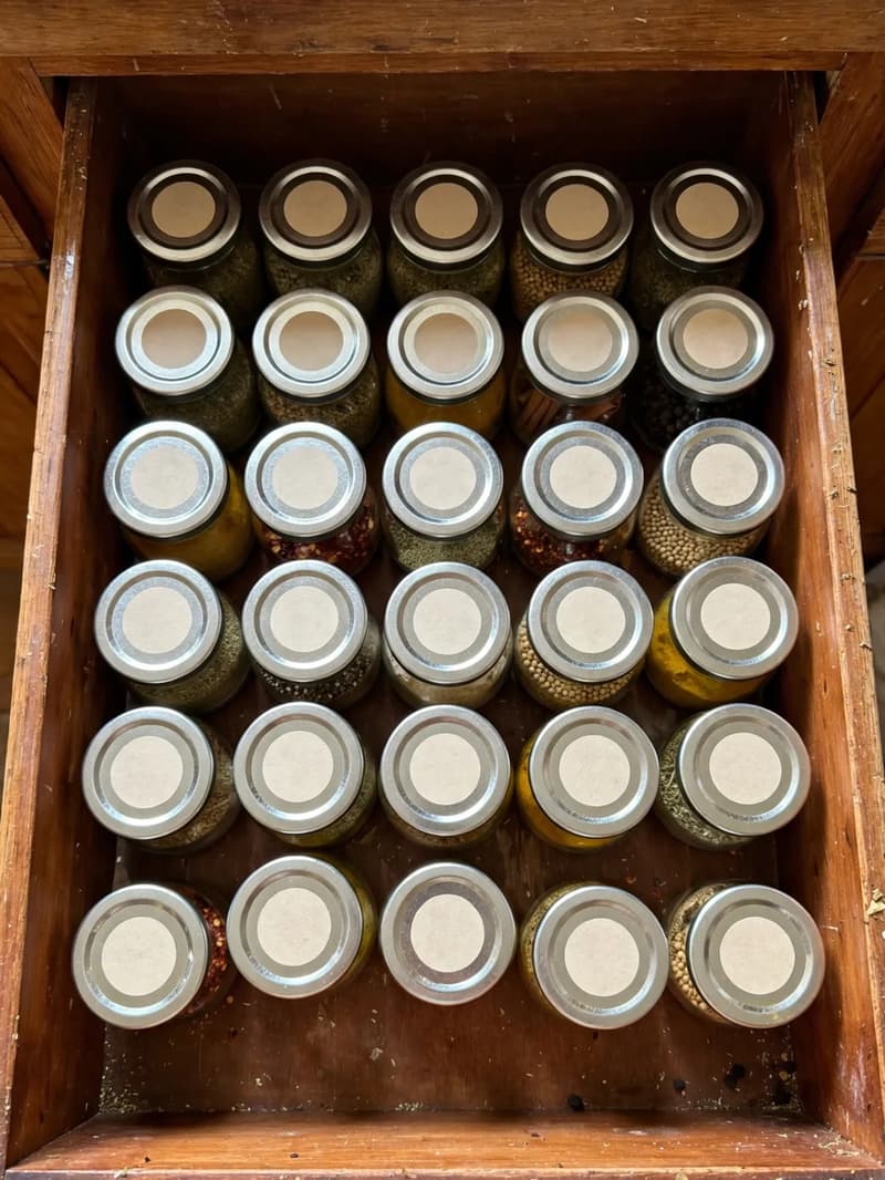 A deep kitchen drawer viewed from above with spice jars standing upright in rows, blank round labels on the metal lids