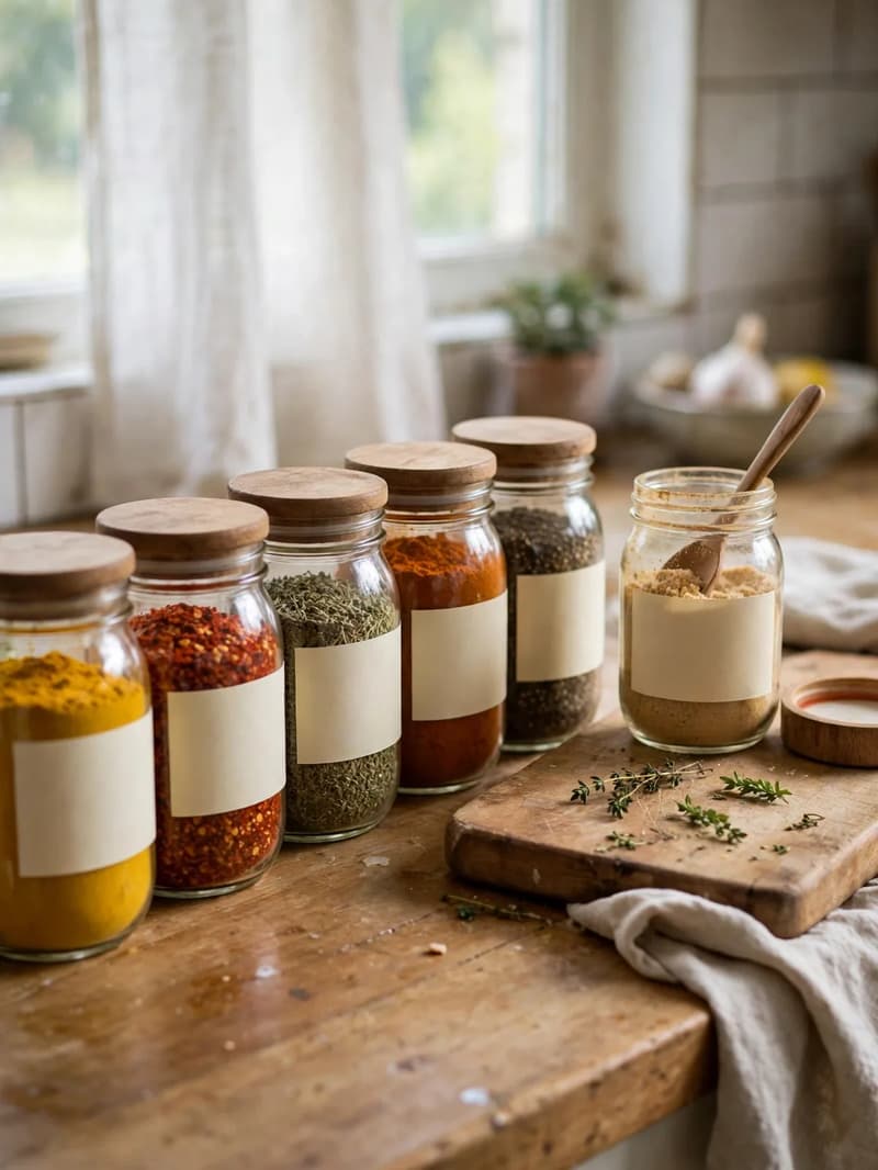 Uniform mason jars filled with colorful spices on a wooden counter, wooden lids and blank cream labels, one jar open with a spoon