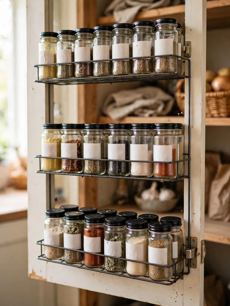 Wire racks mounted inside a pantry door holding rows of small glass spice jars with blank labels and black lids