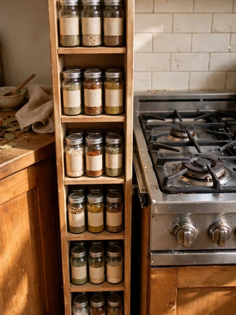 A narrow pull-out spice cabinet beside a stove, tall slim shelves filled with glass spice jars with blank labels