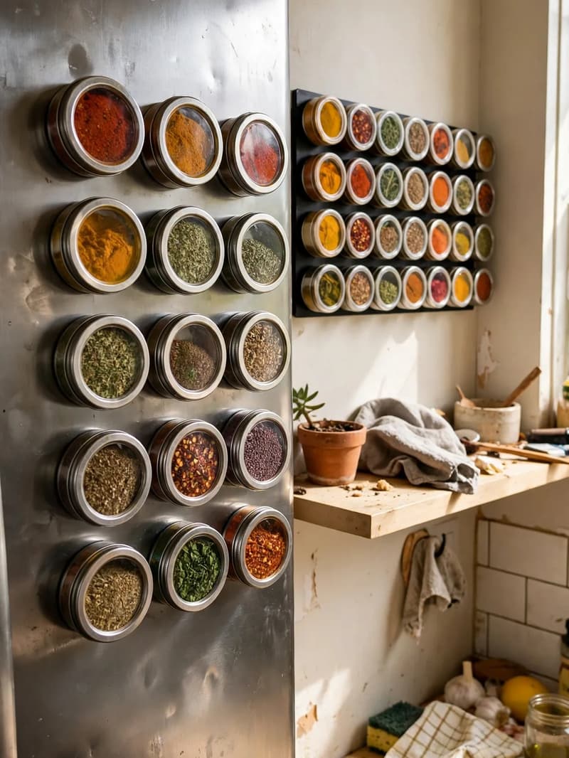 Round magnetic spice tins with clear lids showing colorful spices, stuck in rows on the side of a stainless fridge and a wall strip