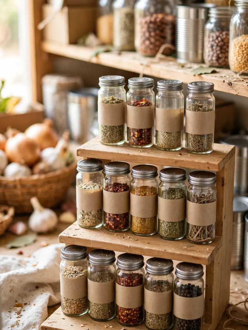 A wooden tiered shelf organizer on a pantry shelf holding glass spice jars with blank labels in stepped rows