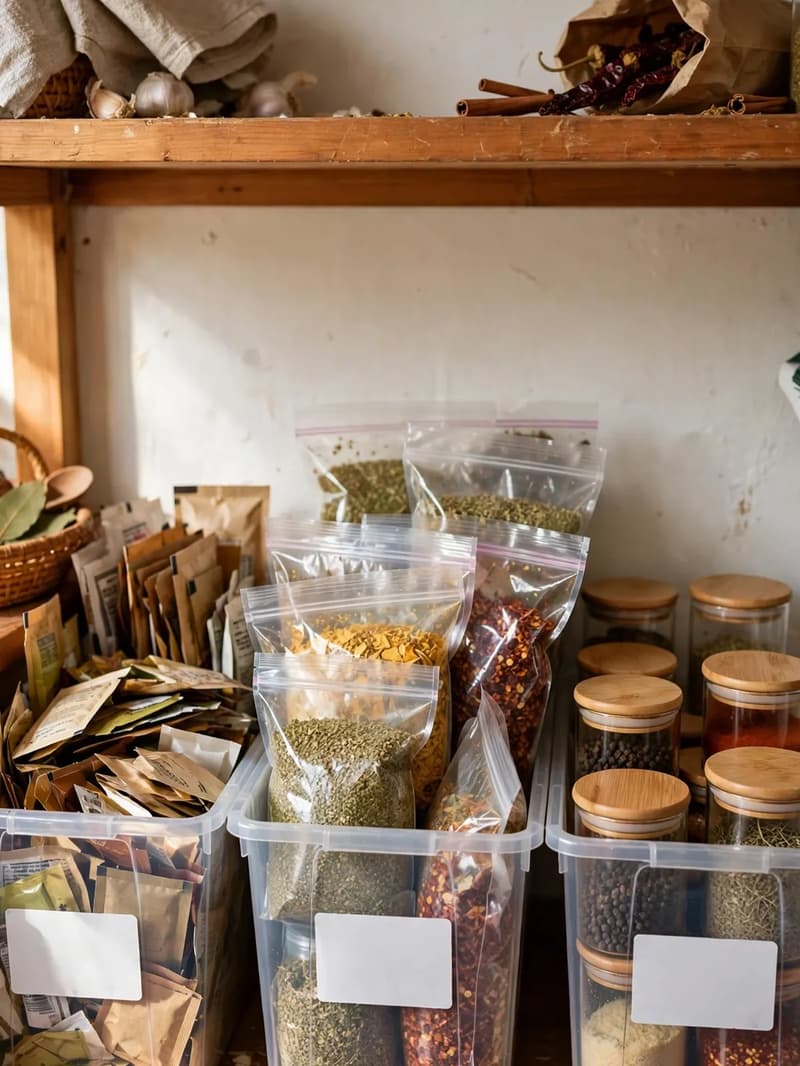 Clear plastic bins on a pantry shelf holding spice packets, bulk refill bags and extra jars, with blank white labels