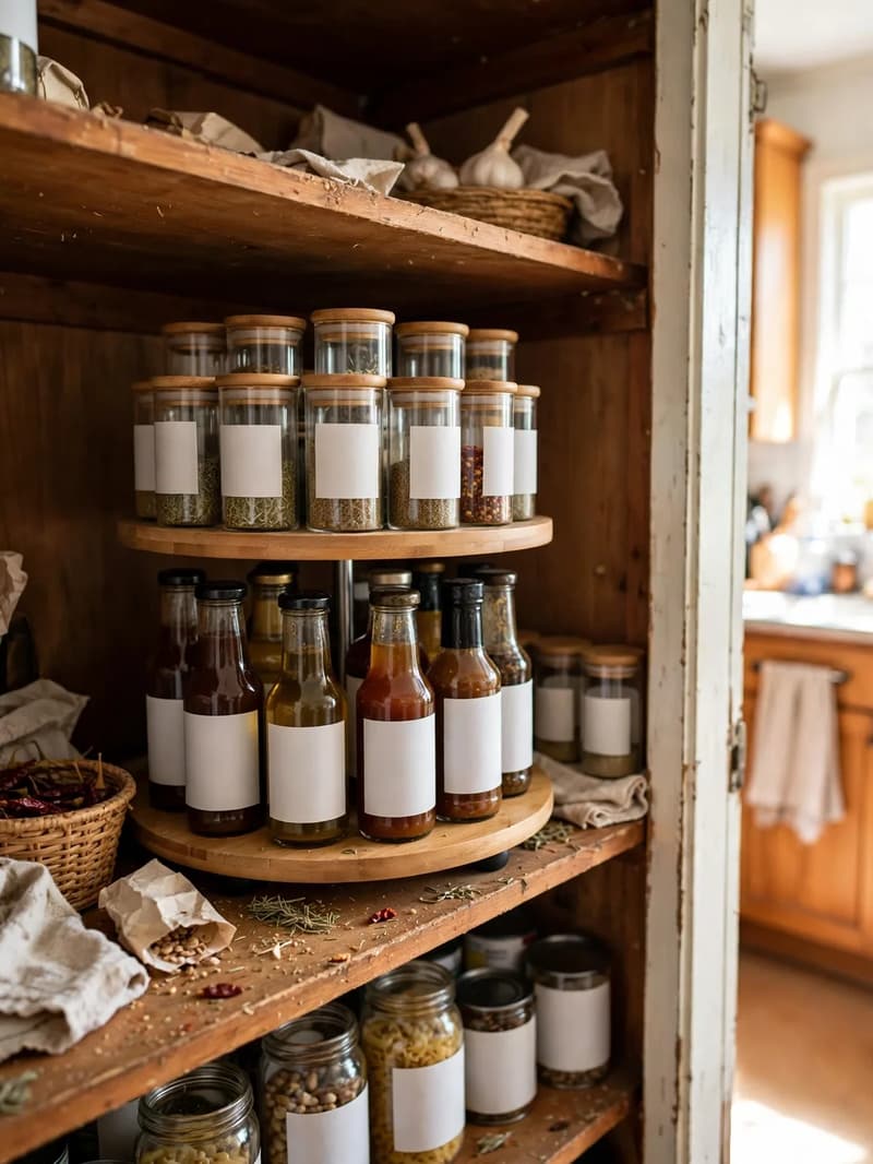A two-tier wooden turntable on a deep pantry shelf with spice jars on top and sauce bottles below, blank labels