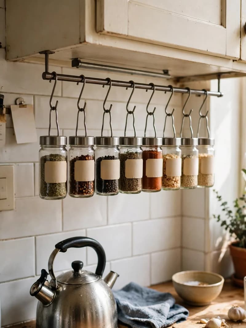 A metal rail under an upper kitchen cabinet with small glass spice jars hanging from hooks in a row, kettle on the counter below