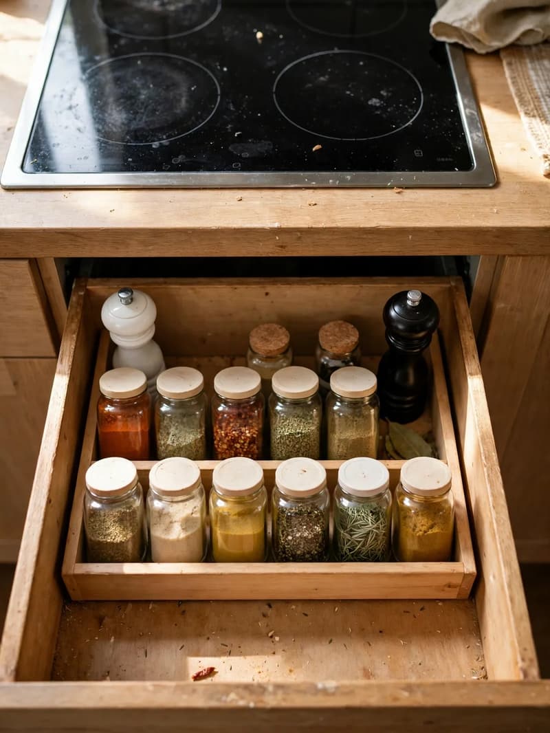 An open drawer under a cooktop holding a small everyday set of spice jars with light lids, plus salt and pepper mills