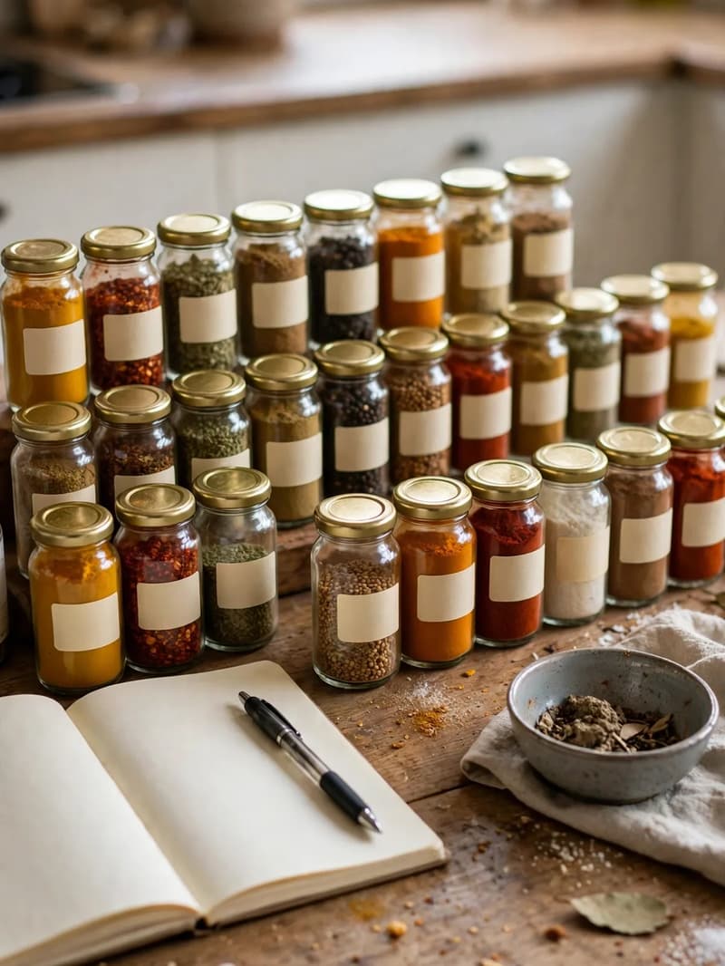 Filled spice jars lined up in neat rows on a kitchen table during an audit, with an open notebook, pen and a small bowl