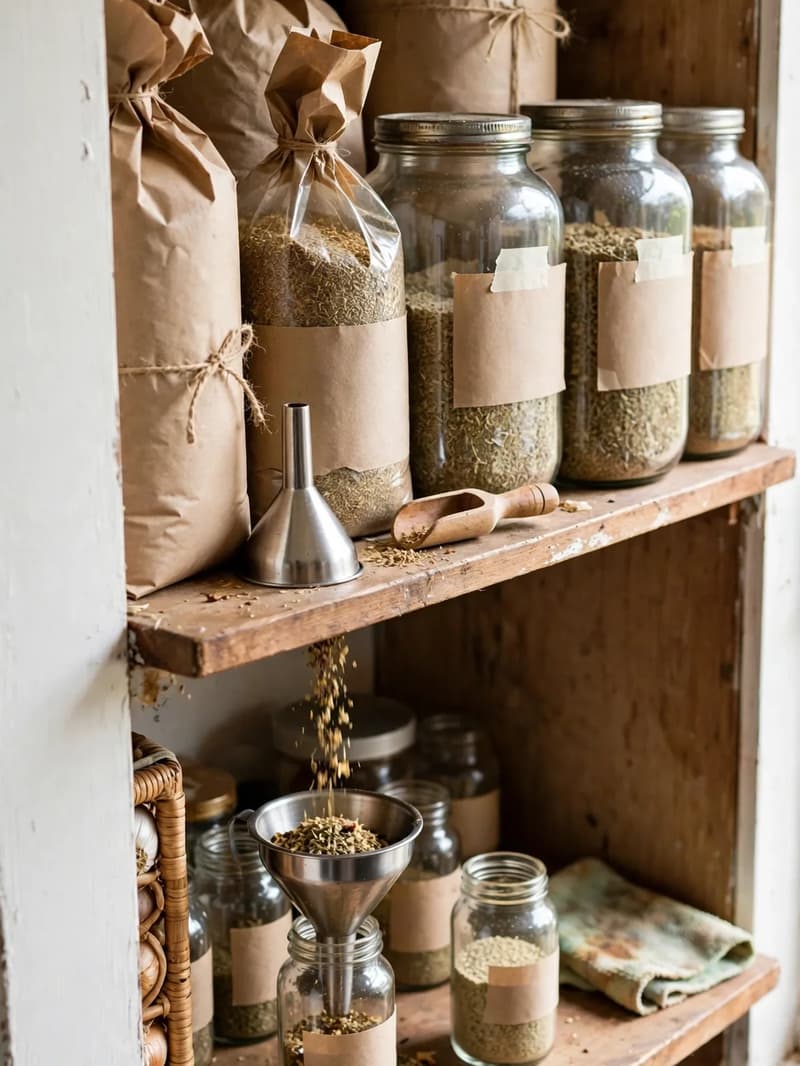 A pantry refill station with large bulk spice jars and bags on a shelf, a funnel and scoop, and small working jars below
